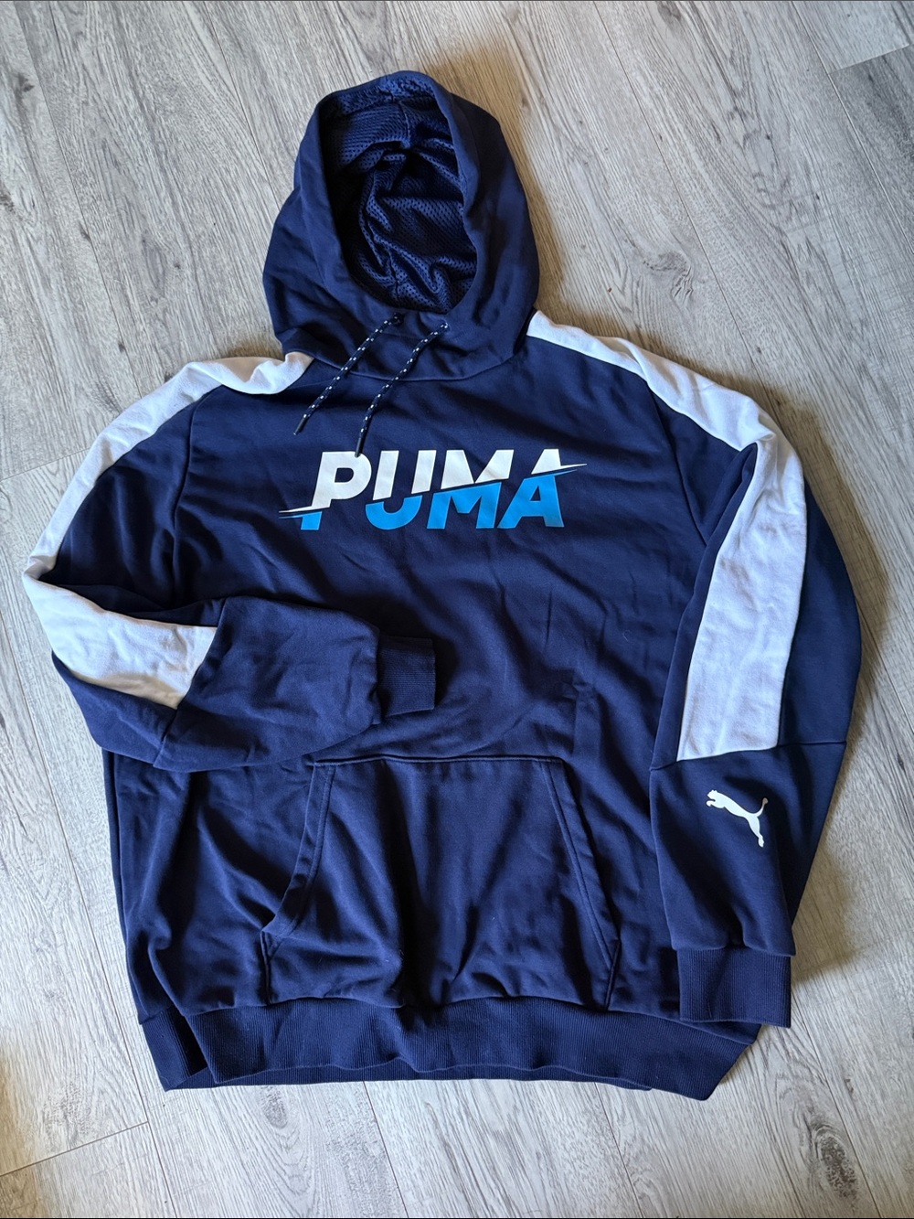 Puma Navy Blue Pullover Hoodie with White Sleeve Panels